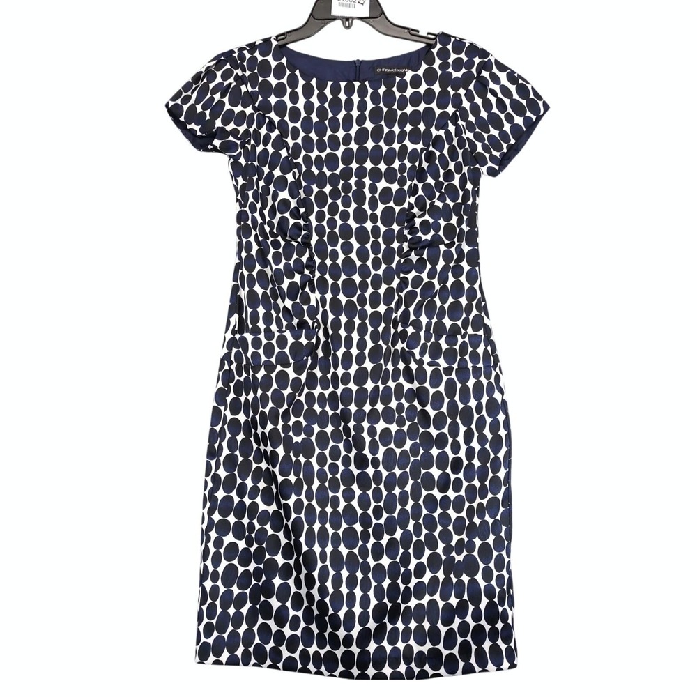 Chris McLaughlin Navy Circle Print Satin Sheath Knee Length Dress Sz 6 Pockets